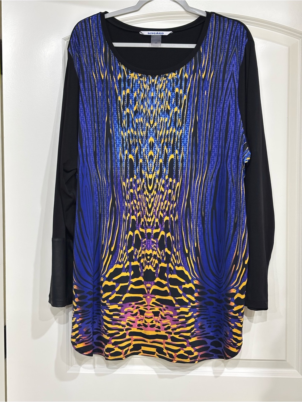 Peter Nygard Black Long-Sleeve Top with Blue, Yellow & Pink Abstract Print